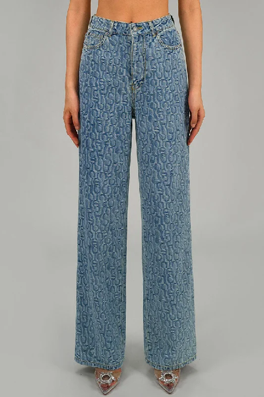 Intricate Letter Jacquard High Waist Wide Leg Light Wash Full Length Jeans Stylish Bootcut Denim Jeans