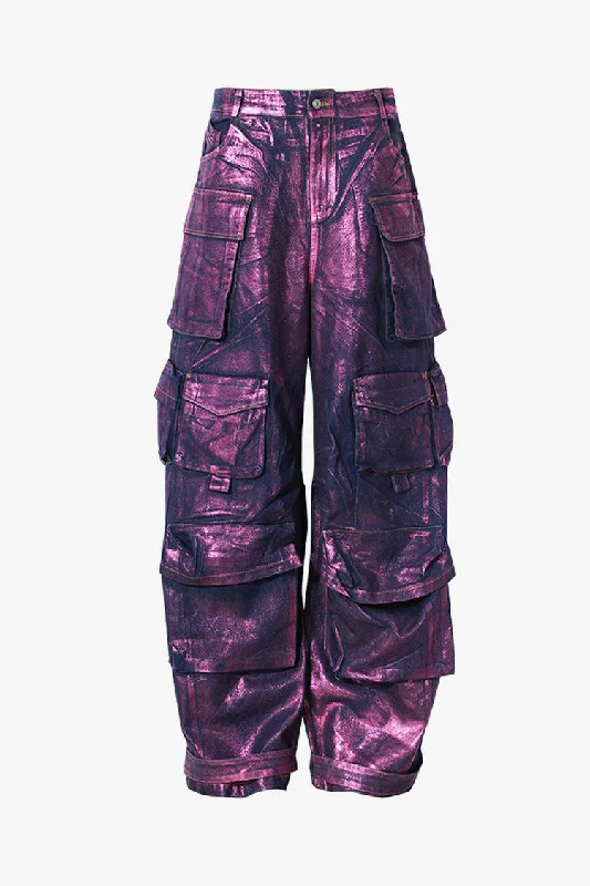 Luxury High Waist Cargo Pocket Wide Leg Metallic Coated Denim Jeans Trendy Skinny Fit Jeans