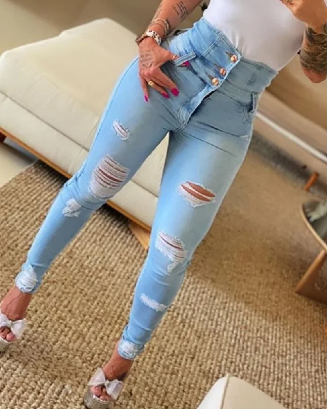 Pbong New Streetwear Womens Clothing High Waist Button Ripped Tight Jeans Fashion Casual Bodycon Trousers Skinny Denim Long Pants Chic Faded Blue Jeans