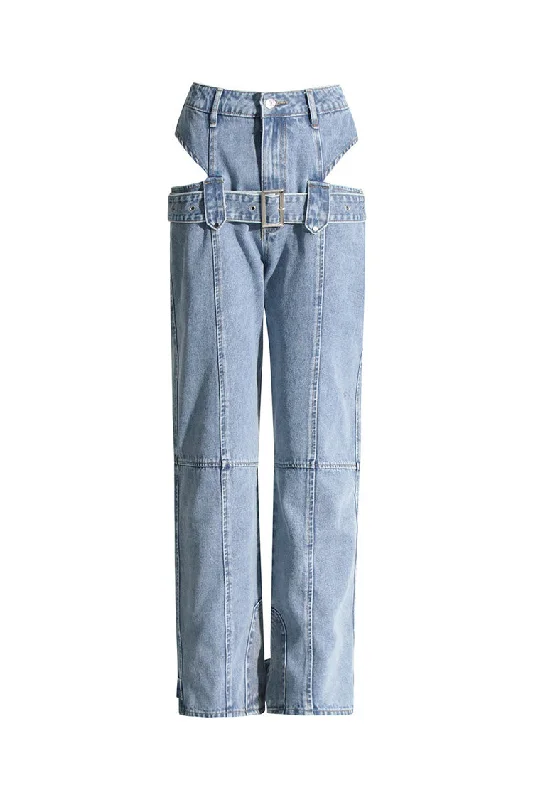 Sexy Cutout Double Waist High Rise Belted Detail Full Length Straight Jeans Trendy Low-Rise Slim Jeans