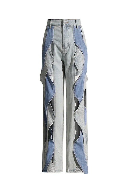 Sparkly Rhinestone Bicolor Cutout Spiral High Waist Straight Leg Hybrid Jeans Chic Cropped Jeans