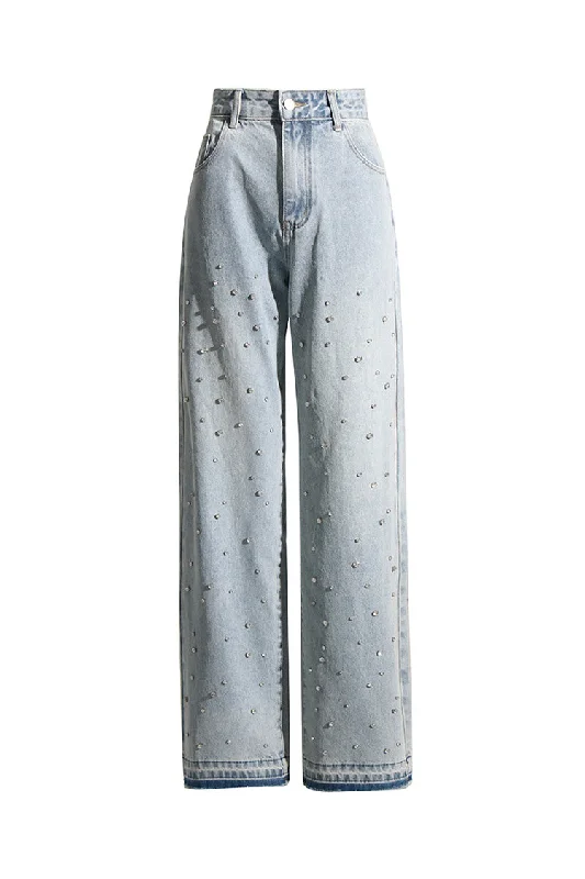 Sparkly Rhinestone Embellished High Waist Straight Leg Full Length Jeans Casual Light Wash Jeans
