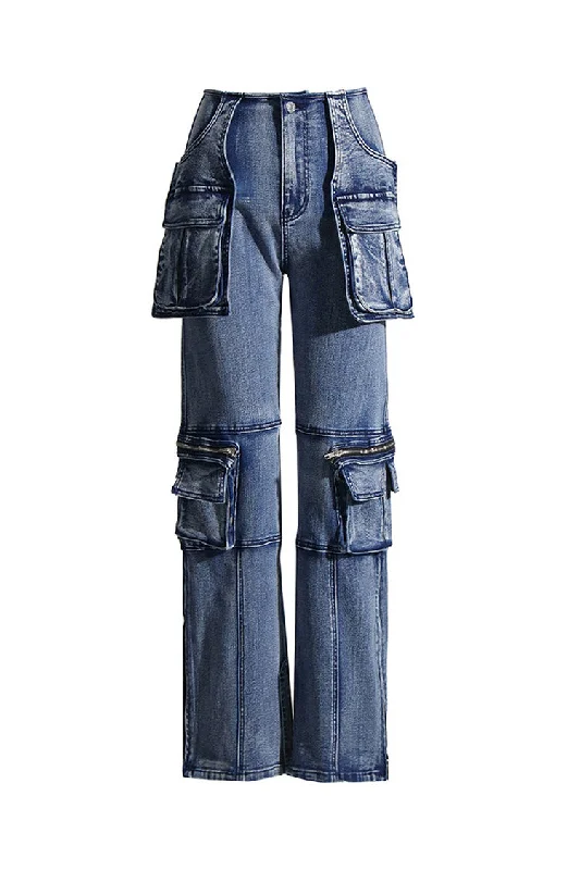 Unique Distressed Trim Cargo Pocket High Waist Full Length Straight Jeans Comfortable Mid-Rise Jeans