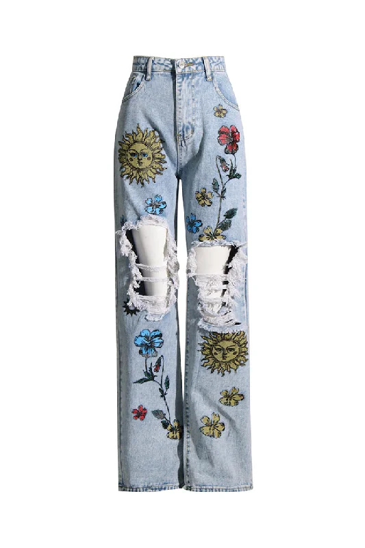 Urban Distressed Summer Print High Waist Straight Leg Full Length Jeans Stylish High-Waist Jeans