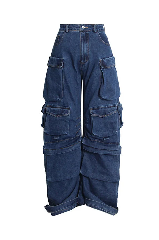 Urban Multiple Pocket Ruched High Waist Full Length Horseshoe Cargo Jeans Elegant Skinny Leg Jeans