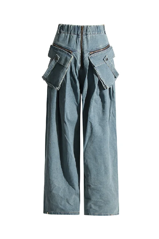 Versatile High Rise Exposed Zipper Wide Leg Full Length Ruched Cargo Jeans Trendy Paperbag Waist Jeans
