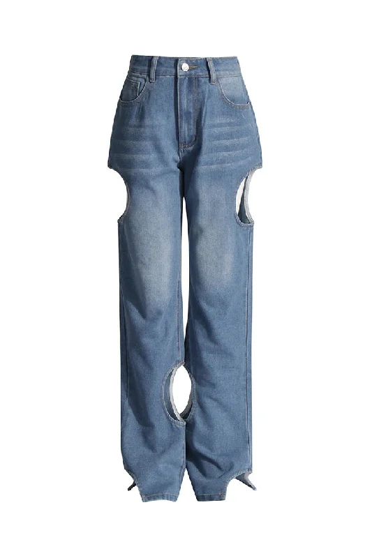 Vintage Cutout High Waist Full Length Whisker Straight Leg Faded Jeans Elegant High-Waisted Flared Jeans