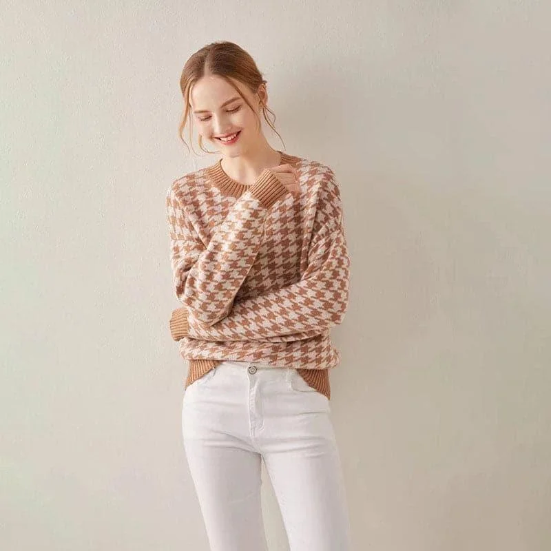 Cashmere Round Collar Houndstooth Sweater Anti-Pilling Anti-Shrink Durable
