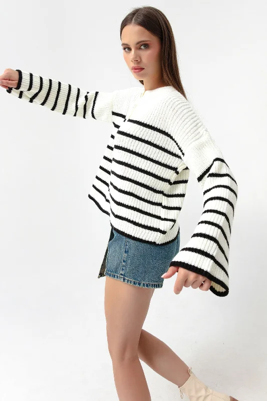 Female Striped Gold Button Detailed Knitwear Sweater Fitted Slim Tailored