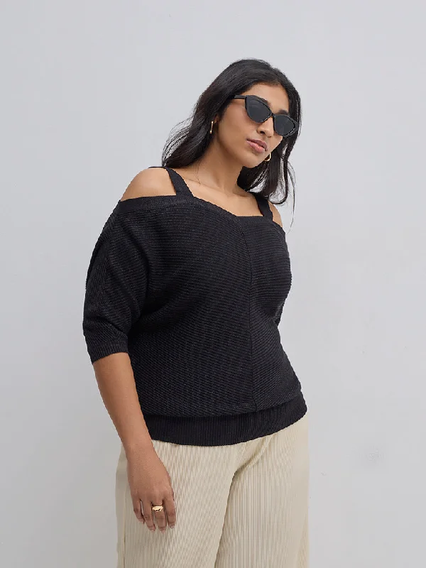 Gia Black Textured Cold-Shoulder Sweater Chenille Blend Fleece Blend Nylon Blend