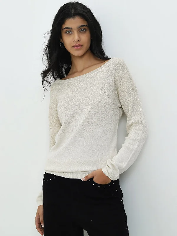 LOV Light Beige Sparkle Design Sweater Ribbed Striped Patterned