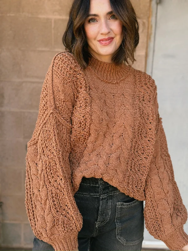 Mock Neck Cable Knit Sweater | Burnt Topaz Velvet Chenille Corduroy