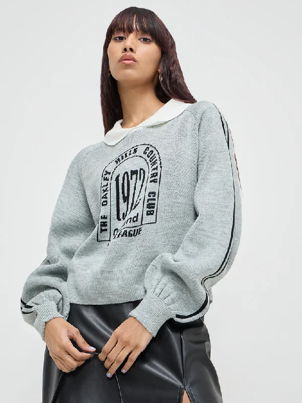 Nuon Grey Text Design Sweater Mesh Blend Leather Blend Suede Blend