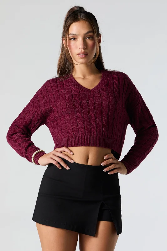 Cable Knit V-Neck Cropped Sweater Terry Blend Velvet Blend Canvas Blend