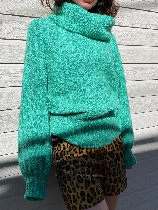 1970s Turquoise Boucle Knit Oversized Turtleneck Sweater Spandex Blend Rayon Blend Denim Blend