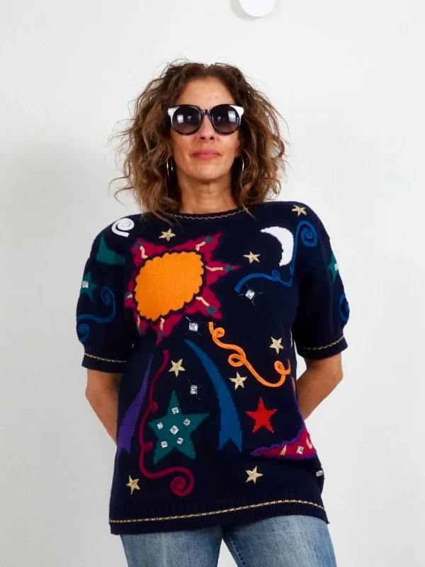 80's Galaxy Embroidered Sweater Mesh Sweater Canvas Denim