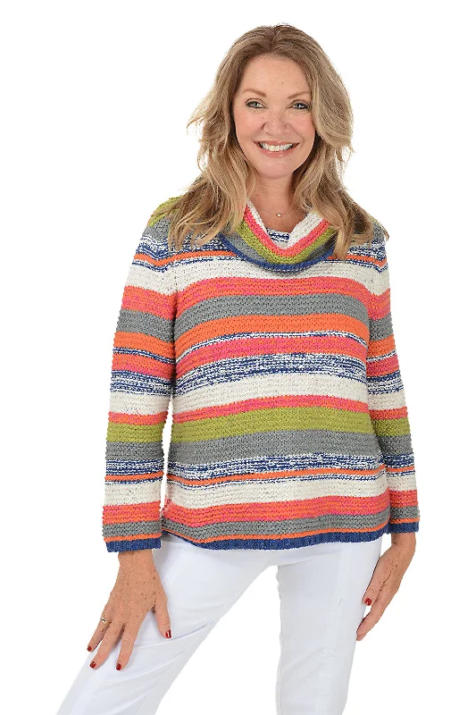 Striped Cowl Neck Chunky Knit Sweater Open Front Closed Front Wrap Front