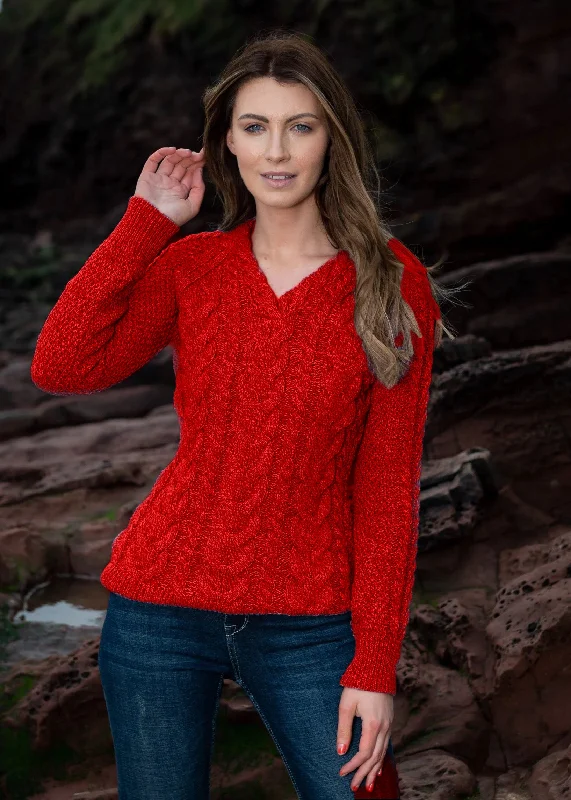 Aran V Neck Cashmere Sweater | Red Elasticated Padded Insulated