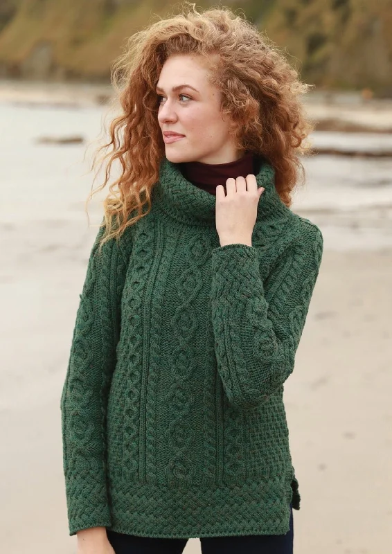 Belcare Ladies Aran Roll Neck Sweater | Connemara Green Solid Color Striped Floral Print