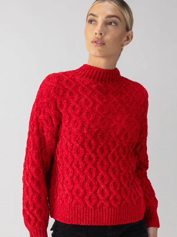 Cable Mock Neck Sweater Mars Red Embroidered Appliqued Beaded