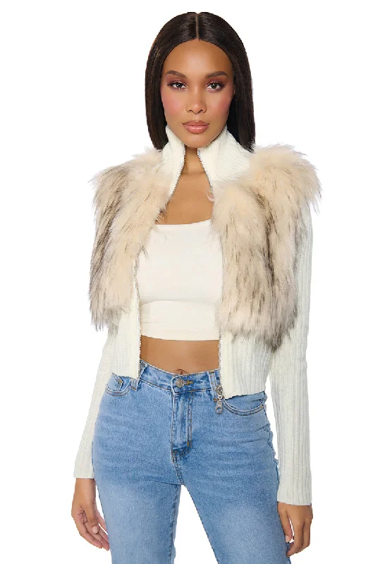 COLDEST WINTER ZIP UP FAUX FUR TRIM KNIT SWEATER IN IVORY Knit Fabric Woven Fabric Fleece Fabric