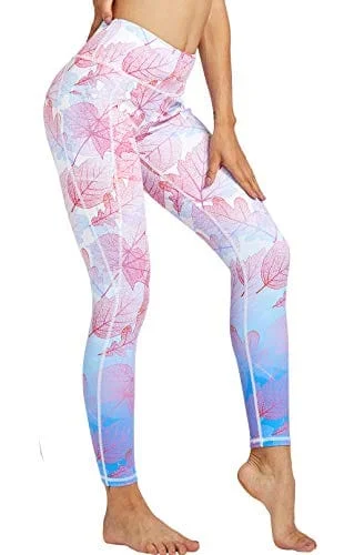 COOLOMG Women's Yoga Pants Printed Leggings Workout Running Tights with Side Pockets Leaves S + Headband Stylish Yoga Leggings