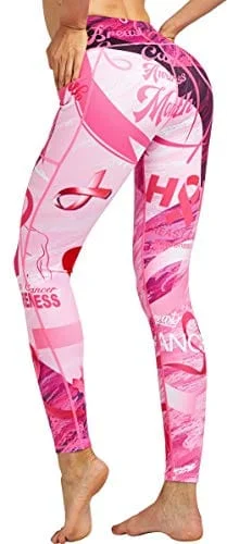 COOLOMG Women's Yoga Pants Printed Leggings Workout Running Tights with Side Pockets Pink S Comfortable Ribbed Waistband Leggings