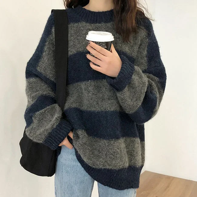 Cozy Days Striped Sweater Welt Pockets Slit Pockets Flap Pockets