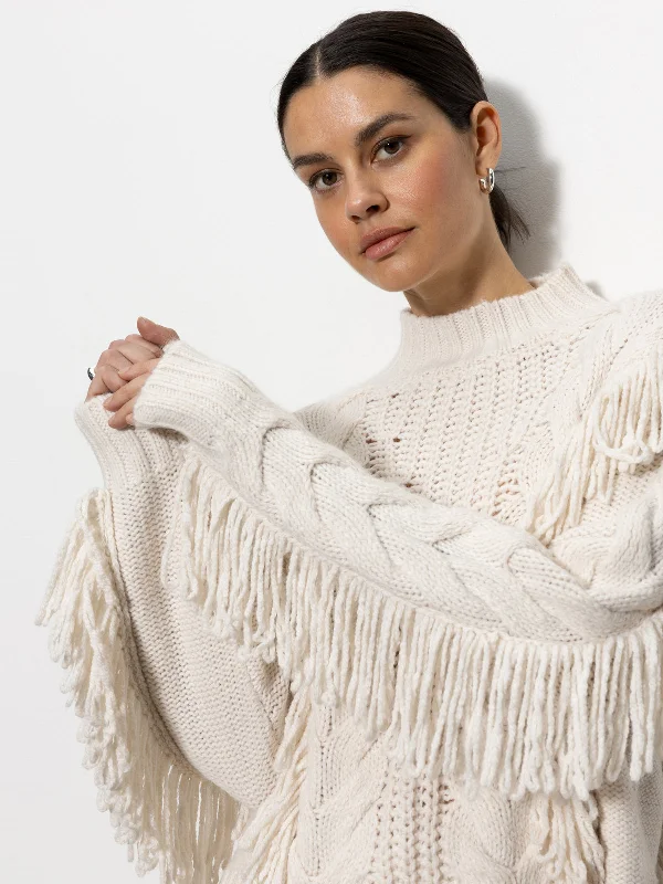 Crafted Fringe Sweater Chalk Soft Cozy Warm