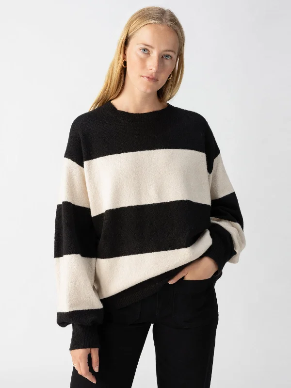 Cuddle Up Crewneck Sweater Toasted Almond Black Stripe Elasticated Padded Insulated