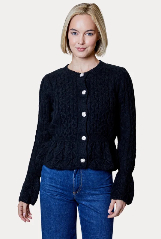 Design History Crewneck Sweater with Crystal Buttons in Black Spandex Rayon Corduroy