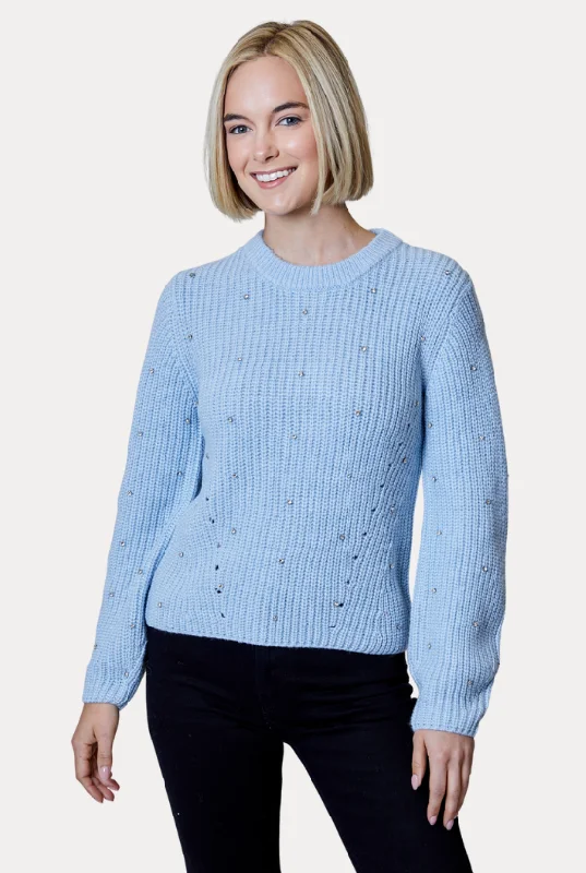 Design History Embellished Diamond Pontelle-Knit Sweater in Blue Frost Satin Blend Silk Blend Wool Blend