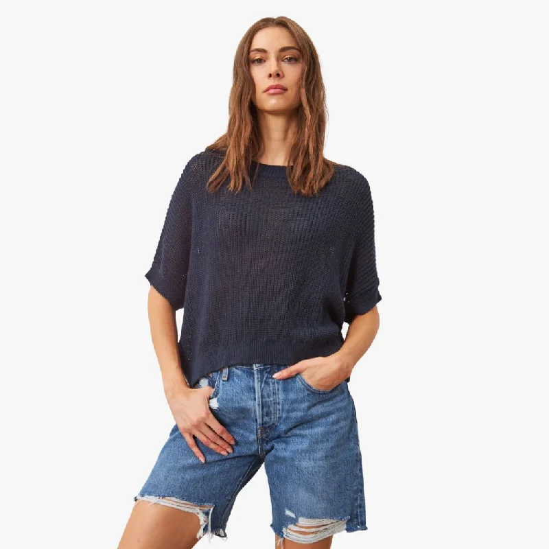 Emersyn Short Sleeve Knit Sweater (Prussian Blue) High Neck Crew Neck V-Neck