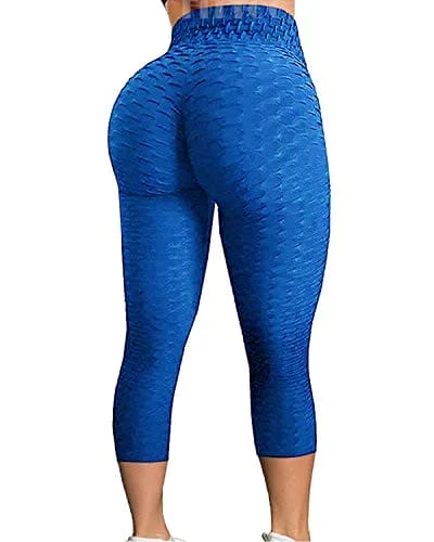 FITTOO Women's High Waist Yoga Pants Tummy Control Scrunched Booty Capri Leggings Workout Running Butt Lift Textured Tights Blue Comfortable Capri-Length Leggings