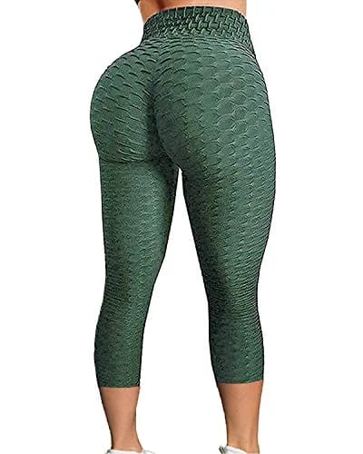 FITTOO Women's High Waist Textured Yoga Pants Tummy Control Scrunched Booty Capri Leggings Workout Running Butt Lift Textured Tights Peacock Green Comfortable Slip-On Compression Leggings