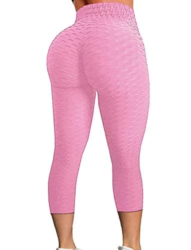 FITTOO Women's High Waist Yoga Pants Tummy Control Scrunched Booty Capri Leggings Workout Running Butt Lift Textured Tights Pink Comfortable Zip-Up Leggings