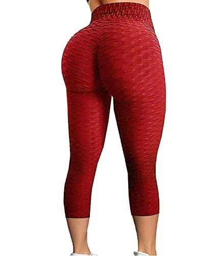 FITTOO Women's High Waist Textured Yoga Pants Tummy Control Scrunched Booty Capri Leggings Workout Running Butt Lift Textured Tights Red Cozy Fashion Leggings