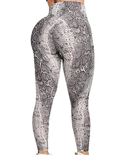 FITTOO Women's High Waist Textured Yoga Pants Tummy Control Scrunched Booty Leggings Workout Running Butt Lift Bubble Textured Tights Snake Printed Fashionable Sports Compression Leggings