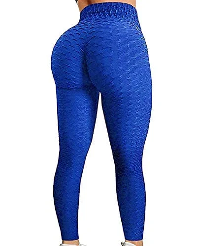 FITTOO Women's High Waist Yoga Pants Tummy Control Scrunched Booty Leggings Workout Running Butt Lift Textured Tights Peach Butt Blue Cozy Ribbed Leggings