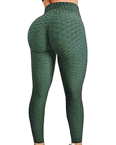 FITTOO Women's High Waist Textured Yoga Pants Tummy Control Scrunched Booty Leggings Workout Running Butt Lift Textured Tights Peach Butt Emerald Cozy Mid-Rise Workout Leggings