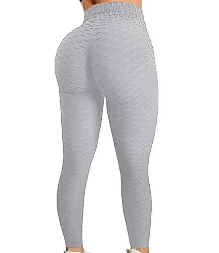 FITTOO Women's High Waist Yoga Pants Tummy Control Scrunched Booty Leggings Workout Running Butt Lift Textured Tights Peach Butt Grey Comfortable Wide-Band Leggings