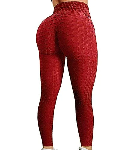 FITTOO Womens High Waisted Honeycomb Ruched Butt Scrunched Booty Leggings Workout Running Lift Textured Tights (A-Peach Butt Red) Comfortable Running Leggings