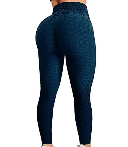 FITTOO Women's High Waisted Textured Honeycomb Ruched Butt Scrunched Booty Leggings Workout Running Lift Textured Tights Navy Trendy High-Compression Leggings