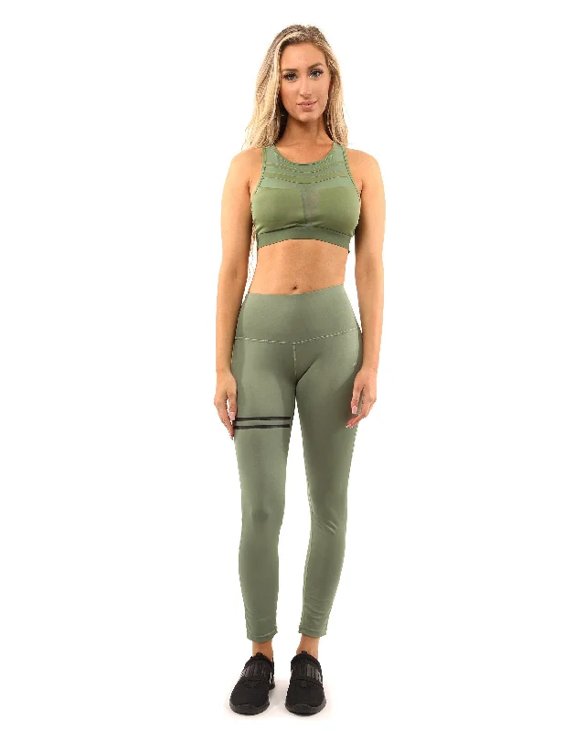 Huntington Set - Leggings & Sports Bra - Olive Green Trendy Sweat-Wicking Workout Leggings