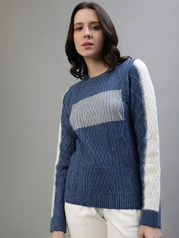 Iconic Women Blue Colorblocked Round Neck Full Sleeves Sweater Modern Contemporary Chic