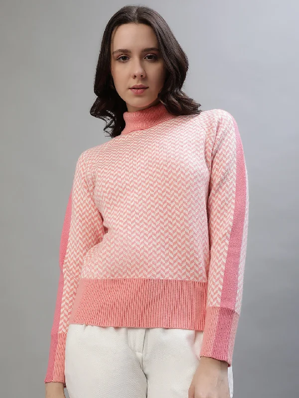 Iconic Women Pink Checked Turtle Neck Sweater Fitted Slim Tailored