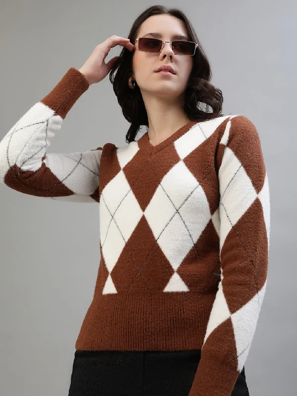 Iconic Women Brown Printed V-Neck Full Sleeves Sweater Fleece Fabric Down Fabric Feather Fabric