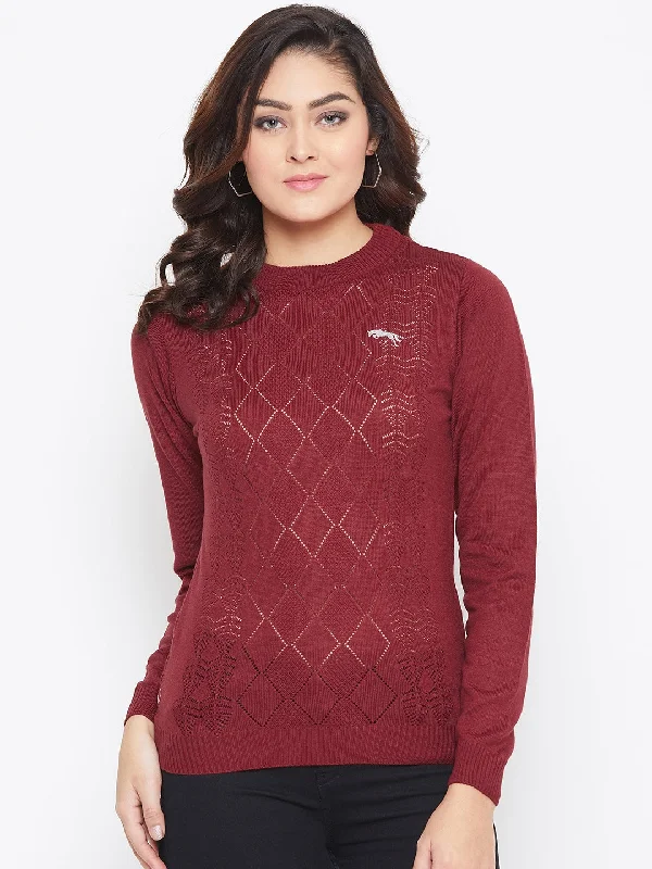 JUMP USA Women Red Self Design Sweater Transparent Opaque Sheer