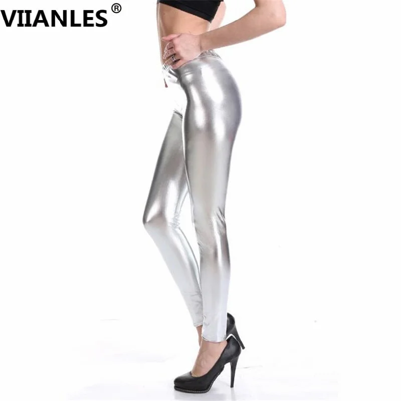 Leather Women Leggings Silver Gold Stylish Sporty Performance Leggings