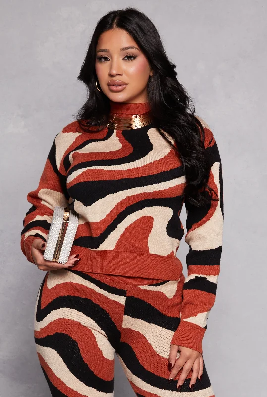 Swirl Print Turtleneck Sweater Fitted Slim Tailored